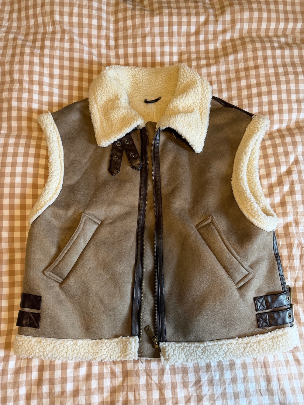 Commense Taupe Vest with Cream Shearling Trim